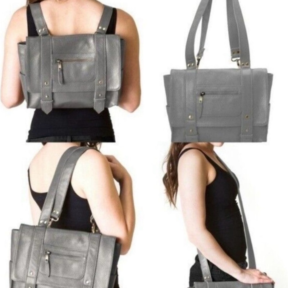 Vere Verto Gray Pebbled Leather Convertible Messenger Backpack Shoulder Bag NEW
